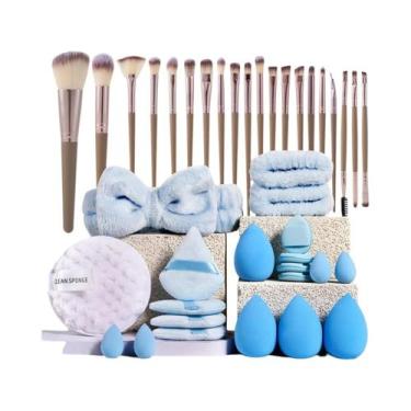 Imagem de Kit De Maquiagem Azul Com Pincel Esponja Faixa De Cabelo Pulseira Mini