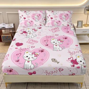 Imagem de AILONEN Jogo de lençol Queen adorável de gato, gatinho branco, amor, coração, tema kawaii, gato, animal, rosa, com 2 fronhas, 3 peças