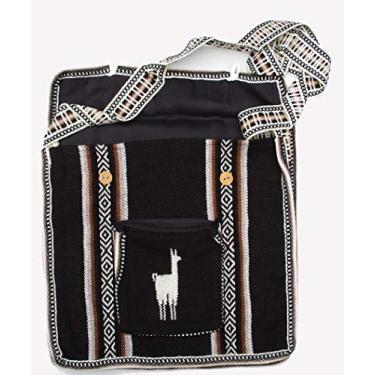 Imagem de Bolsa mensageiro peruana sul-americana com listras de lã de alpaca e lhama hippie, Marrom, Medium