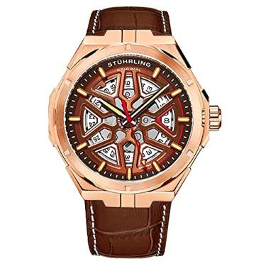 Imagem de Stuhrling Original Relógio masculino suíço automático – Relógio masculino de couro com fecho automático, relógio mecânico masculino, Marrom