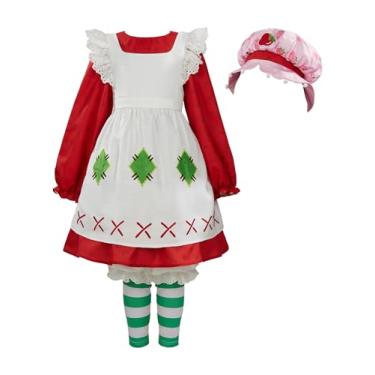 Imagem de Micotaku Conjunto de roupa para meninas de morango, vestido vermelho, avental branco, calça e chapéu para crianças grandes
