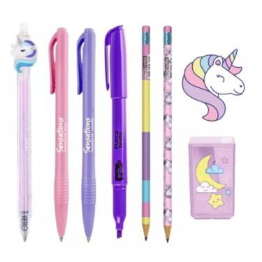 Imagem de Kit Papelaria Fofa Unicornio 2 Kawaii Lapis Borracha Apontador Caneta Fofas