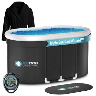 Imagem de IceDoc Recovery Long Pod XXL, banheira de gelo Cold Plunge para atletas e adultos, barril de gelo inflável para terapia fria com tampa protetora, roupão com capuz, cronômetro, tapete antiderrapante