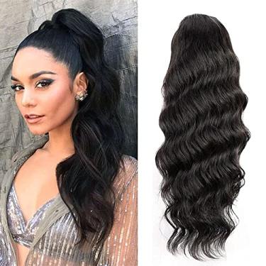 Imagem de Kbeth Extensões de rabo de cavalo humano de 55,88 cm ondulado Yaki afro crespo liso encaracolado com cordão de cabelo humano de cor natural com clipe no rabo de cavalo (55,88 cm, onda corporal)