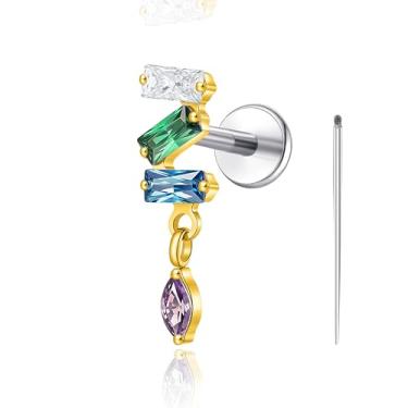 Imagem de limerencia Piercing corporal de titânio 18G, brinco de rosca interna com costas planas tragus helix cartilagem concha medusa brinco para mulheres e homens, 1 peça (dourado, 3 pendentes)