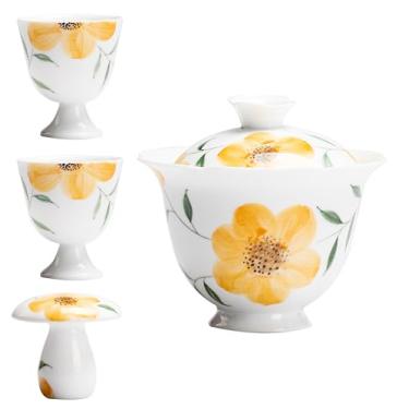 Imagem de Conjunto de chá de Gongfu pintado à mão – Girassóis dourados em porcelana branca pura, inclui mini bule de chá, Gaiwan e xícaras de chá, conjunto de presente para cerimônia do chá (Gaiwan + xícara R*2