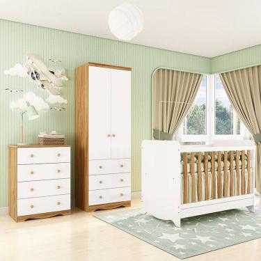 Imagem de Quarto de Bebê Completo com Berço Minicama Ben Guarda Roupa Smim New e Cômoda Junior New MDF Móveis Peroba