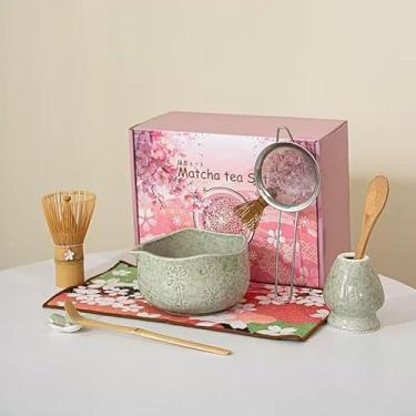 Imagem de DWEHIXBUY Conjunto de tigelas Matcha feitas à mão 8 peças - Xícaras de chá Chawan de cerâmica estilo japonês com arte floral e borda ondulada | Kit completo de cerimônia de chá Matcha em caixa de