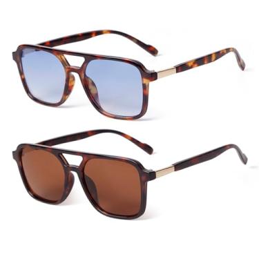 Imagem de VIA LEECA Pacote com 2 óculos de sol aviador retrô para mulheres e homens, óculos de sol femininos quadrados dos anos 70 da moda, Armação de tartaruga marrom lente de classificação azul/armação de