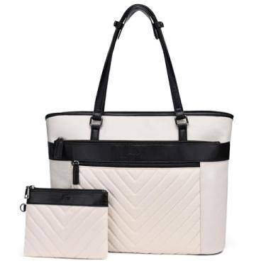 Imagem de Kasqo Bolsa feminina para laptop, bolsa de trabalho de computador de 15,6 polegadas, bolsas de ombro de couro resistente à água com bolsa clutch branca-preta
