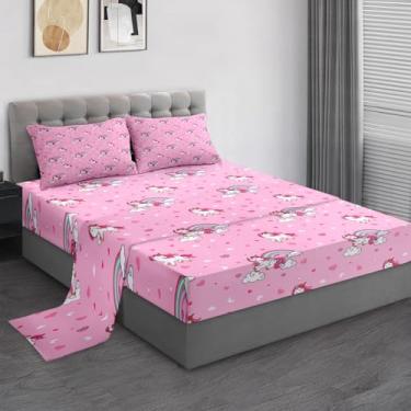 Imagem de Pamnest Jogo de lençol casal, unicórnio rosa fofo, 4 peças, decoração de quarto de crianças e adultos, lençol com elástico e 2 fronhas