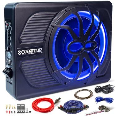 Imagem de Subwoofer de carro alimentado por baixo do assento de 25,4 cm, atualizado, 800 W, pacote combo de amplificador integrado de áudio para carro/caminhão, com luz LED azul (subwoofer + kit de fio de