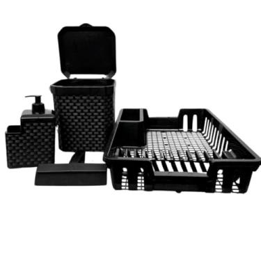 Imagem de Kit Pia Cozinha Completo Escorredor Louca Lixeira 5L Porta Detergente Rodinho De Pia(Preto)