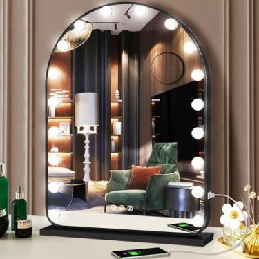 Imagem de DIDIDADA Hollywood Arch Espelho de maquiagem preto com luzes 18 lâmpadas reguláveis 3 cores preto iluminado espelho para parede de mesa, base removível X10, arco de ampliação, espelho de mesa com