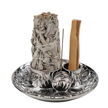 Imagem de GRAMSTORMAX Suporte de incenso 4 em 1, bastão de incenso de cerâmica e suporte Palo Santo, suporte de sálvia para queimar - bandeja coletora de cinzas de cerâmica de 14 cm para sala de meditação e