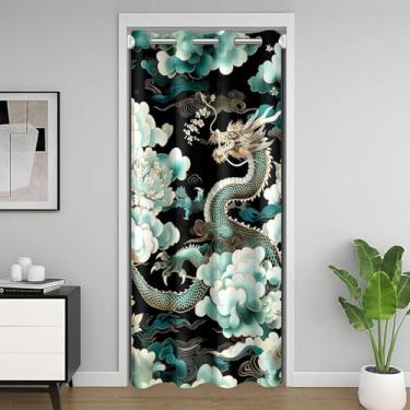 Imagem de Cortina blackout chinesa Loong 1 painel 86 cm L x 203 cm C, cortina de porta moderna com flor de peônia nuvem adequada para cozinha, restaurante, cortina de porta de dragão