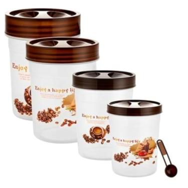 Imagem de Conjunto 4 potes com 4 colheres | Plástico | Multiuso | Mantimentos | Café | Farinha | Leite em Pó | Feijão | Grãos | Açúcar | Tampa de Rosca | Transparente | Versátil Funcional e Chique