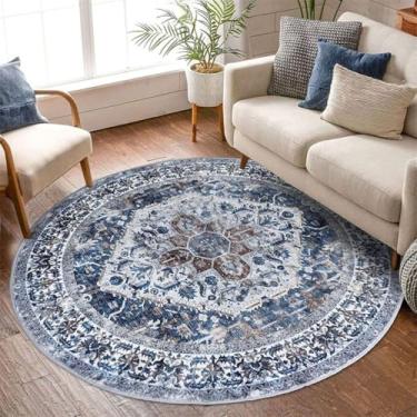 Imagem de ESSMOKO Tapete redondo étnico, tapete retrô, tapete de quarto / sala de estar, lavável na máquina, fácil de cuidar, tapete de caxemira artificial, azul elegante e branco, 100 cm