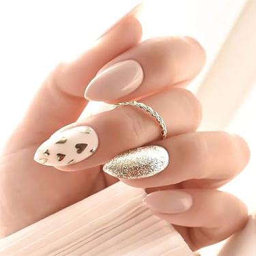 Imagem de RUOKEXIN Unhas postiças de amêndoa média com glitter e desenhos de coração para o Dia dos Namorados, unhas artificiais brilhantes com cola para dia dos namorados, 24 peças