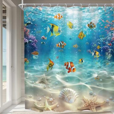Imagem de Imirell Cortina de chuveiro com peixes oceânicos, 182 cm L x 213 cm A, extra longa, verão, praia, mar, cenário subaquático, peixes tropicais, estrela-do-mar, corais, tecido infantil submarino
