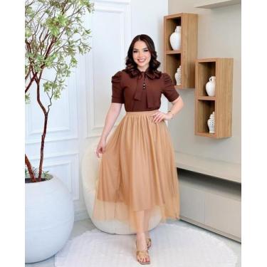 Imagem de Saia Mídi Feminina Tule Lisa - Plena Persona, Marrom claro, G