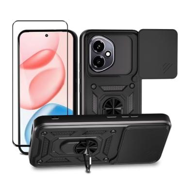 Imagem de CNPUTAO Capa para Huawei Honor 400 Lite com protetor de tela de vidro temperado, janela deslizante para câmera, suporte, capa de telefone de camada dupla antiarranhões à prova de choque, preta