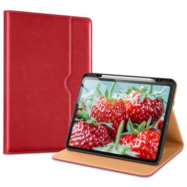 Imagem de VIKESI Capa para iPad Pro 13 (M4) 2024, capa de couro com suporte para Apple Pencil, despertar/hibernar automaticamente, vários ângulos de visualização, alça de mão e bolso embutidos, vermelha