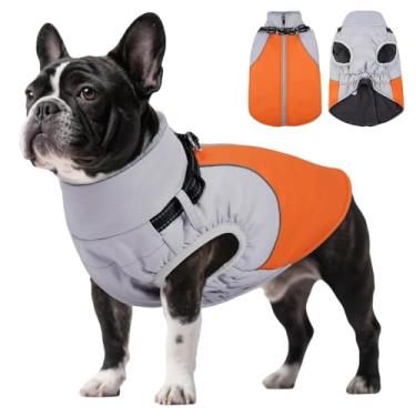 Imagem de DENTRUN Casaco para cães com arnês embutido, jaqueta de inverno impermeável à prova de vento com tiras refletivas e forro de lã, gola de tartaruga de pelúcia para cães pequenos, laranja, PP