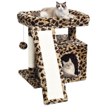 Imagem de Pequena árvore de gato com estampa de leopardo para gatos em ambientes internos | Torre curta com poste para arranhar, almofada de rampa, condomínio com cama de poleiro, casa de brincar para gatinhos