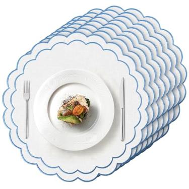 Imagem de Conjunto de 8 jogos americanos de linho de algodão, 38 x 38 cm, tapetes de mesa em tecido de camada dupla, lavável na máquina, sem vincos, para decoração de cozinha de restaurante, branco, azul