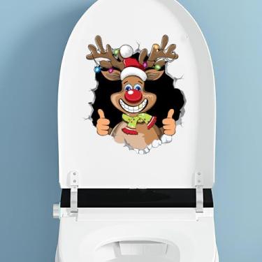 Imagem de Adesivo de cobertura de vaso sanitário de Natal Papai Noel, adesivo removível de tampa de vaso sanitário, adesivos de porta de parede de banheiro de Natal (rena)
