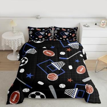 Imagem de Feelyou Conjunto de edredom esportivo com bola de basquete, tamanho solteiro, para crianças, meninos, meninas, preto e azul, com tema esportivo, decoração de quarto de microfibra, 2 peças com 1 fronha