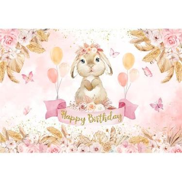 Imagem de Baocicco 1,5 x 0,9 m rosa feliz coelho aniversário pano de fundo fotográfico flores coelho balões borboletas foto fundo para meninas decoração de festa de aniversário de Páscoa faixa de chá de bebê