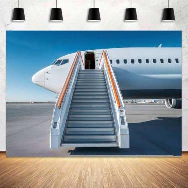 Imagem de 2,1 x 1,5 m Pano de fundo de avião avental de aeroporto embarque escada de aeronave fundo de fotografia decoração de festa de avião férias lua de mel, viagem, aniversário, casamento, estúdio