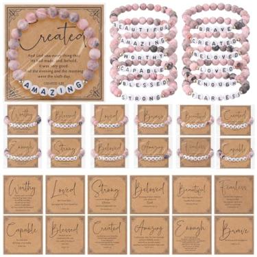 Imagem de Huquary Conjunto de 12 pulseiras femininas com contas cristãs com pedras de cristal natural da Bíblia com contas elásticas com cartão de oração religiosa, presentes inspiradores de fé para igreja