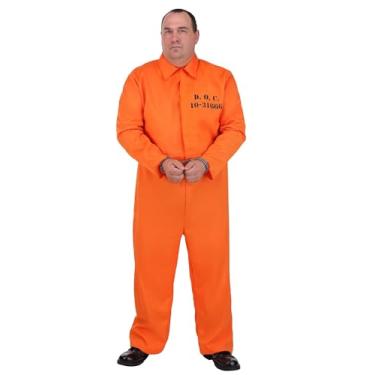 Imagem de Fantasia de prisioneiro clássica para adultos plus size | Macacão laranja e acessório de algema falso para festas de Halloween, Laranja, 2X