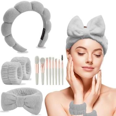 Imagem de CAZYTOYZ Conjunto de faixas de cabelo femininas Sponge Spa, escova de maquiagem inchada, conjunto de faixa de cabeça para lavar o rosto, toalha macia, cuidados com a pele, faixa de cabelo fofa para