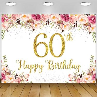 Imagem de Banner de fundo de flores rosa feliz aniversário de 60 anos para mulheres e homens com glitter, dourado, decorações de festa de 60 anos para mulheres, faixa de fundo, 14 x 9 cm