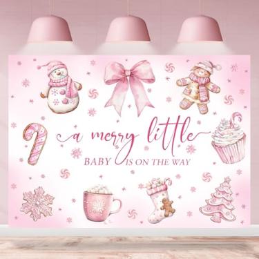 Imagem de Rsuuinu Pano de fundo de chá de bebê de inverno para meninas A Merry Little Baby is On The Way Pink Bowknot Snowflake Photography Background Christmas Baby Shower Decorações de festa bolo mesa banner