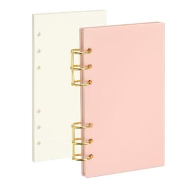 Imagem de PATIKIL Capa para caderno com 6 anéis, fichário acrílico A6, 2 anéis redondos de metal dourado com 90 folhas, papéis internos em branco para planejador de viagens, escritório, orçamento, rosa claro