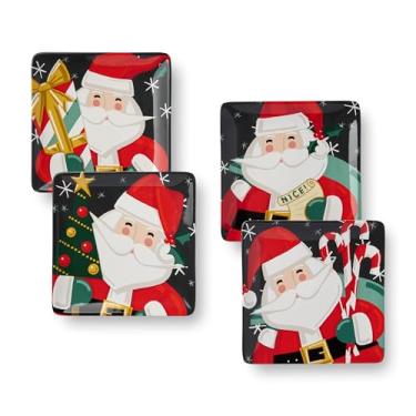 Imagem de Conjunto de 4 pratos de sobremesa de cerâmica de Papai Noel caprichoso de Natal - Pratos de Natal com desenhos de Papai Noel em vermelho, verde e preto - perfeito para biscoitos, aperitivos e