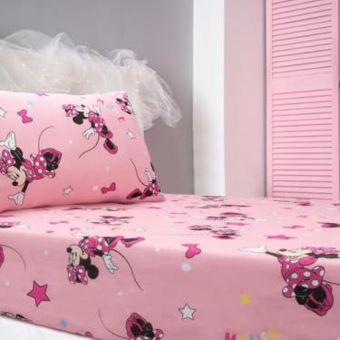 Imagem de Jogo de Cama Solteiro Infantil Disney Minnie Estrela Rosa Oficial – Anti Alergico Lençol c/Elástico – Malha 70% Algodão 30% Poliéster Premium