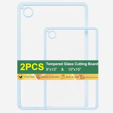 Imagem de DomestiCore Tábua de corte de vidro temperado para cozinha com ranhura de suco, bordas de silicone antiderrapantes, não tóxicas e seguras para lava-louças com orifício para pendurar (2 peças azul)