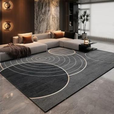 Imagem de Tapete decorativo listrado preto dourado retrô para sala de estar, tapete para quarto, lavável e fácil de cuidar (200x200 cm/YHT083-2-G)