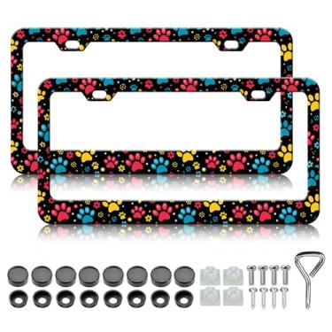 Imagem de Molduras coloridas para placa de licença com estampa de pata - 2 unidades com suporte de placa de carro fofa, moldura decorativa de carro à prova d'água de metal de alumínio à prova de ferrugem para