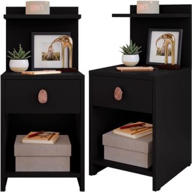 Imagem de Kit 2 Mesa de Cabeceira com Gaveta e Prateleira Criado Canto Cama Quarto 30x33x68cm(PRETO)