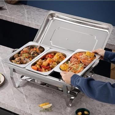 Imagem de Rechaud Inox Redondo 6 Litros Banho Maria Aquecedor Alimento aço inox litros Aço Inox6 (rectângulo-3 DIVISÓRIAS)