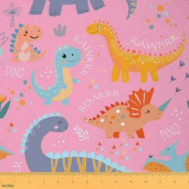 Imagem de Erosebridal Lindo tecido decorativo de dinossauro faça você mesmo para crianças e meninas, tecido de estofamento de animal com desenho de dinossauro, linhas desenhadas à mão decorativas para roupas