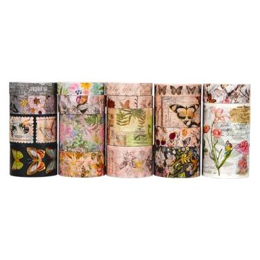 Imagem de Conjunto de adesivos Washi com estampa de borboleta, floresta, montanha, flores, flores, retrô, adesivos, decorativos para artes, artesanato, materiais de diário, scrapbook, cartão, embrulho de