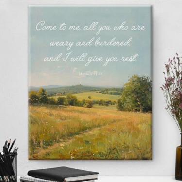 Imagem de Arte de parede em tela com versículo bíblico cristão I Will Give You Rest Matthew 11:28 Impressão das escrituras Come to Me All You Who Are Weary emoldurada para decoração de casa 20 x 25 cm